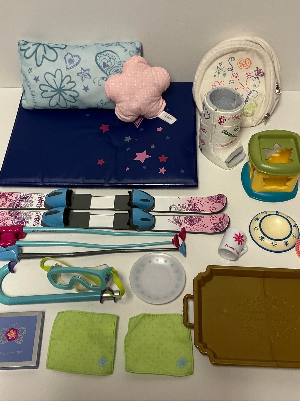 American Girl Doll Accessories Lot - Gymnastics Mat, Tray, Skis, Cast, Pillows